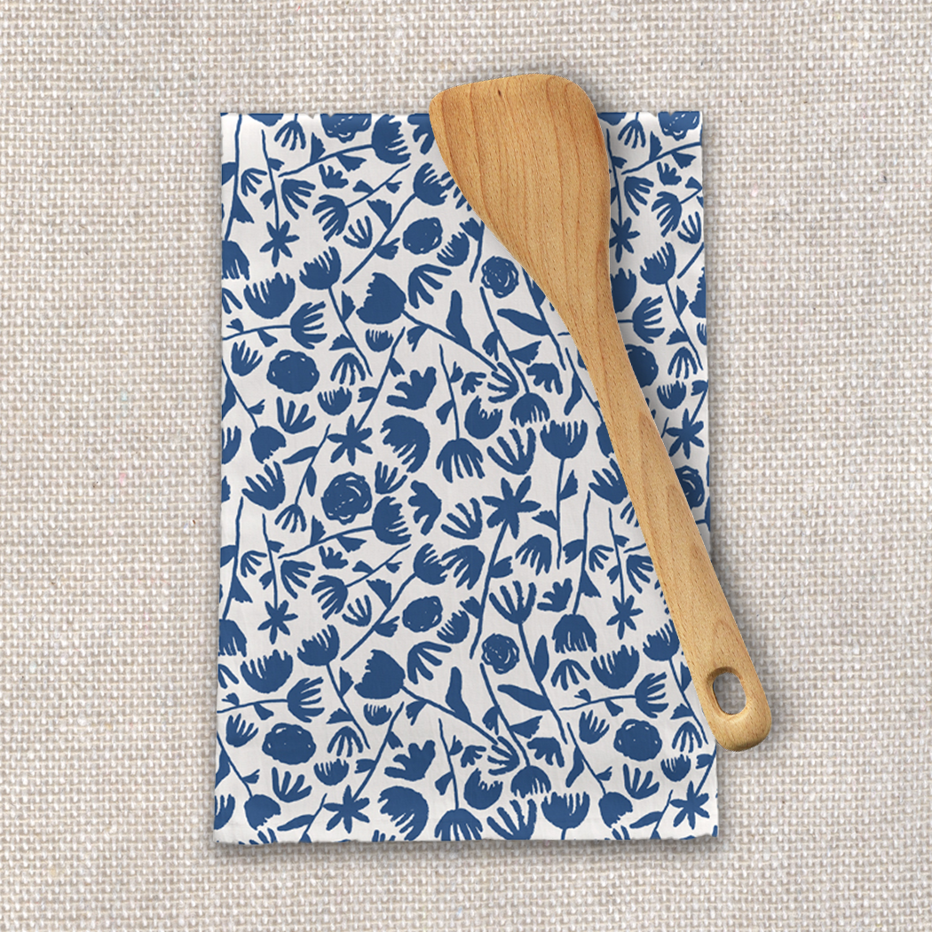 Dark Blue Floral Pattern Tea Towel