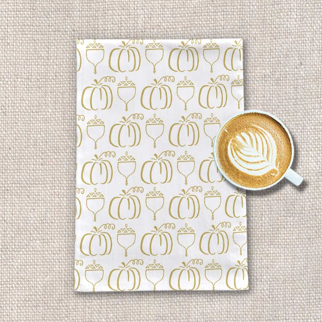 Gold Pumpkin and Acorn Pattern Tea Towel [Wholesale]