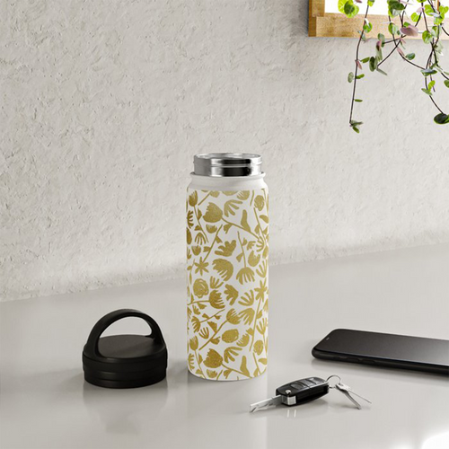 Gold Ink Floral Handle Lid Water Bottle