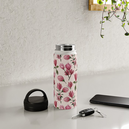Pink Magnolia Blossom Handle Lid Water Bottle