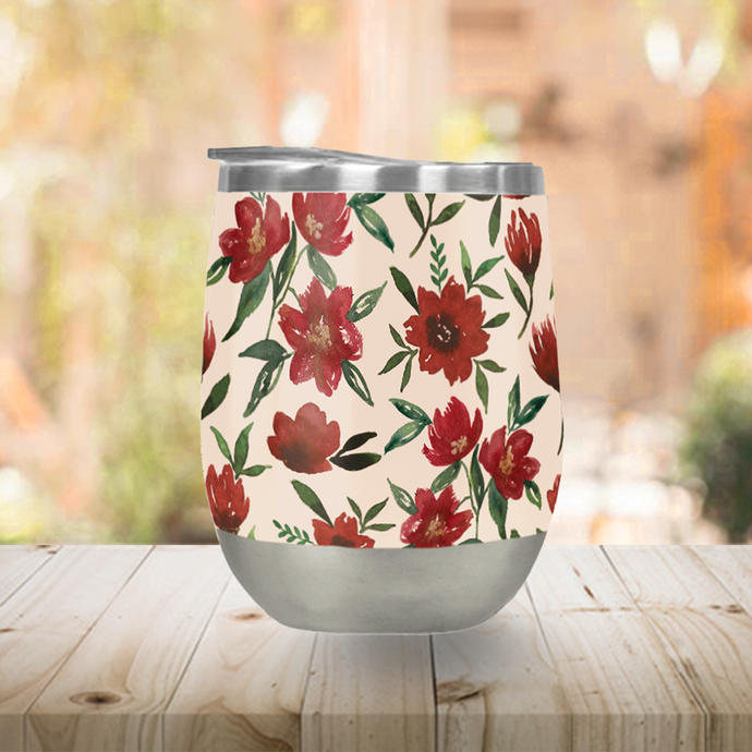 Red Fall Flowers Stemless Wine Tumbler