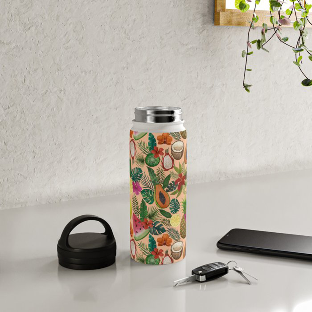 Tropical Fruit and Flowers Handle Lid Water Bottle