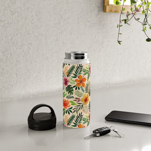 Tropical Watercolor Floral Handle Lid Water Bottle