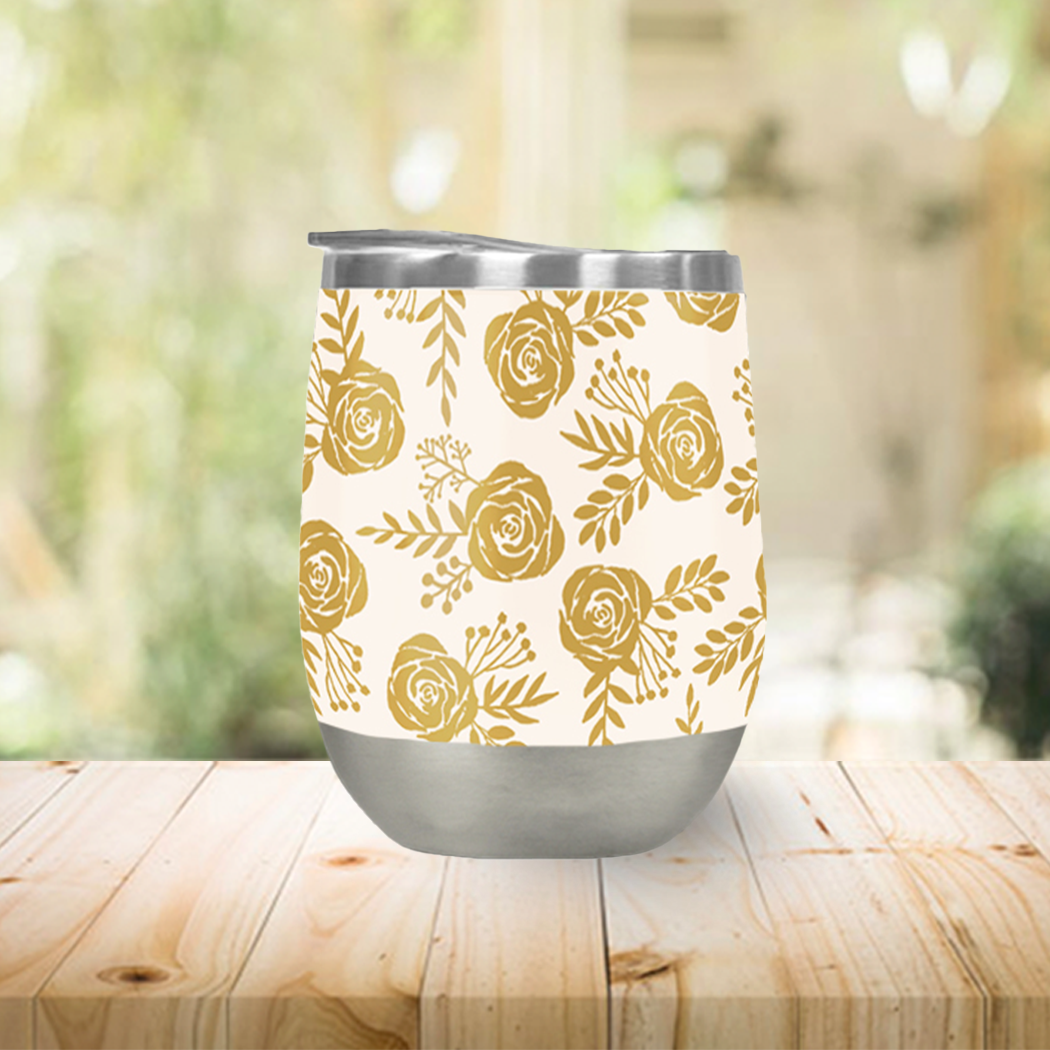 Warm Gold Floral Stemless Wine Tumblers