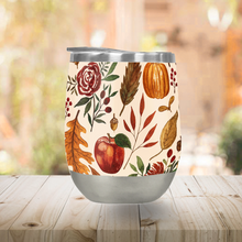 Load image into Gallery viewer, Watercolor Floral Pumpkin, Leaves, &amp; Berries Stemless Wine Tumbler