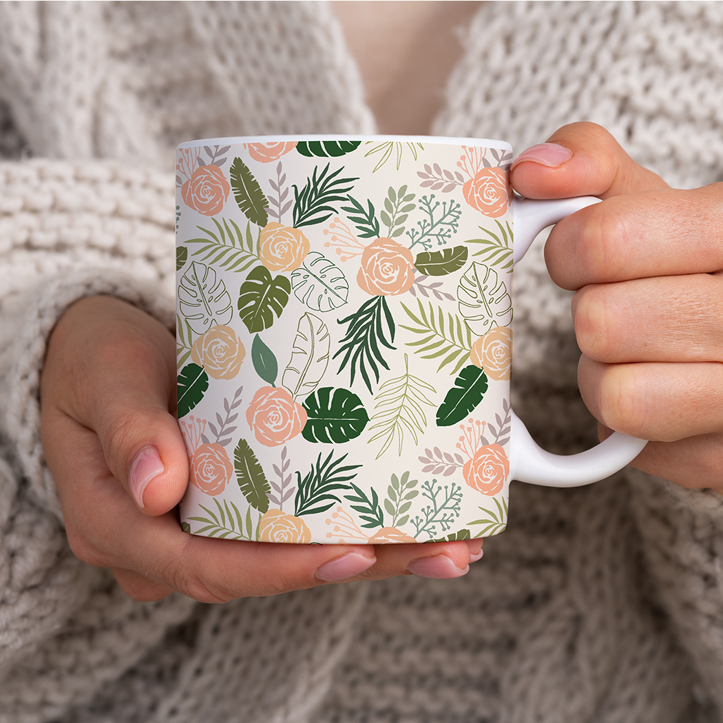 Yellow and Green Tropical Floral Patten - Mug