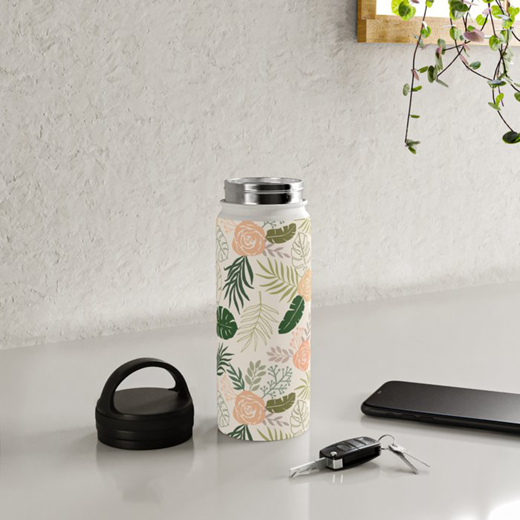 Yellow and Green Tropical Floral Handle Lid Water Bottle