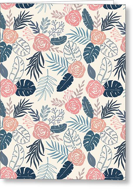 Blue and Blush Tropical Floral Pattern - Greeting Card
