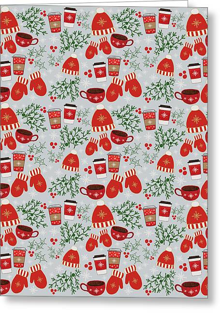 Coffee and Mittens Christmas Pattern - Greeting Card