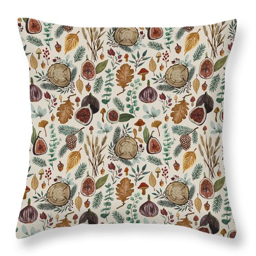 Figs, Mushrooms and Leaves Pattern - Throw Pillow