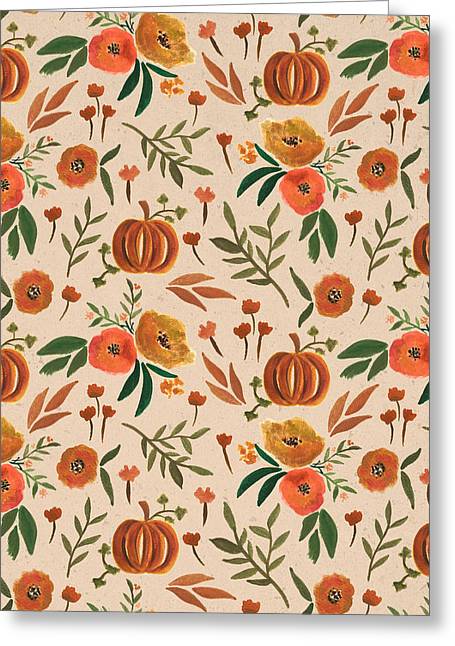 Floral Fall Pumpkin Pattern - Greeting Card