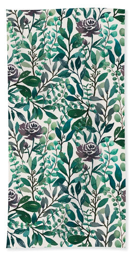 Purple Flowers and Eucalyptus Leaves - Bath Towel