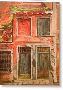 Red Wall Doorways In Italy - Greeting Card