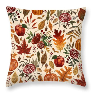 Watercolor Floral Pumpkin, Leaves, and Berries - Throw Pillow